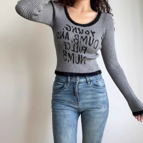 Retro cute girly round neck letter printed high waist slim short furry color block long sleeve sweater top