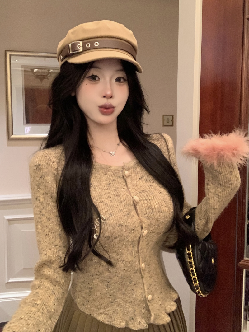 實拍設計感別致外穿針織衫女袖口鴕鳥毛拼接毛呢百搭百褶裙女