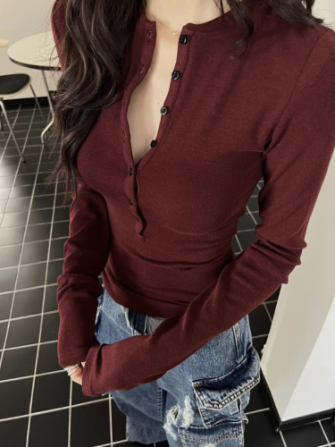 Derong 2023 new winter style slim fit versatile buttoned long-sleeved T-shirt tops for women