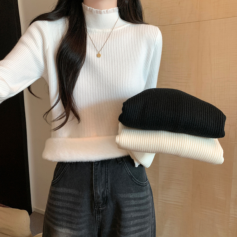 實拍12針一體絨長袖上衣針織衫加絨加厚潮打底衫女款秋冬保暖毛衣