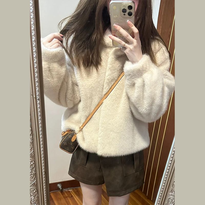 慵懶風軟糯毛衣仿水貂絨毛毛厚外套秋冬季小個子短款寬鬆上衣女裝