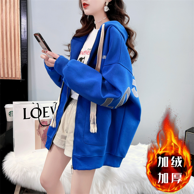 網紅新款牛奶絲複合加絨加厚保暖外套秋冬季連帽衛衣女