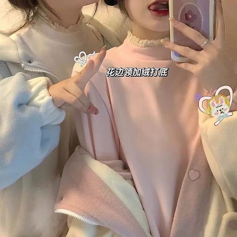 胖妹妹秋冬季2023年新款半高領蕾絲加絨打底衫長袖t恤女內搭上衣