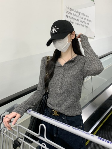 Photographed Autumn/Winter Korean Style Versatile Fitted Button Placket Slimming Warm Inner Layer T-shirt Women's Top