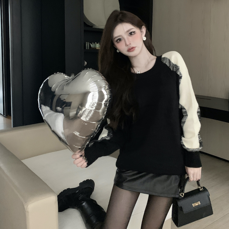 實拍~ 撞色馬海毛毛衣秋冬寬鬆慵懶設計感寬鬆溫柔風針織上衣