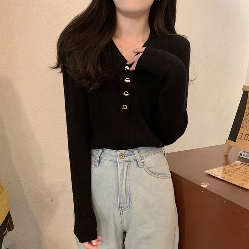v領打底衫女秋冬2023新款秋裝高級感法式修身內搭毛衣針織衫上衣