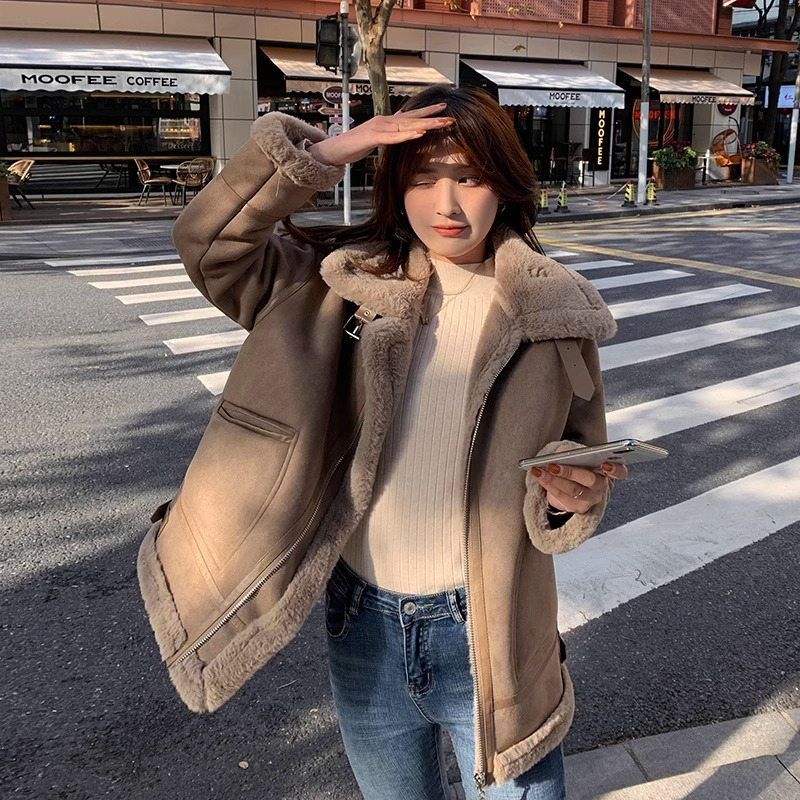Fur integrated lambskin jacket for women winter 2023 new Korean style high-end imitation lambskin suede motorcycle jacket
