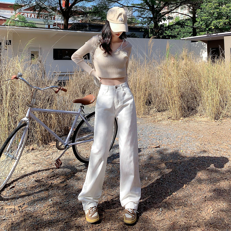 高腰白色闊腿牛仔褲女2023春秋新款寬鬆顯瘦直筒垂感休閒拖地褲潮