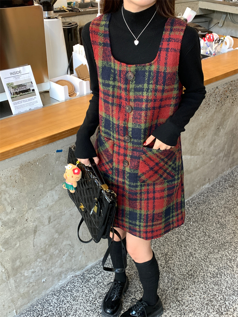 實拍 聖誕紅色格子裙女2023年秋冬新款小個子方領背心連衣裙