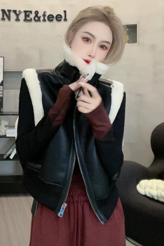 Dayan strongly recommends the baseball vest, the new autumn and winter motorcycle lamb wool and PU personalized short vest