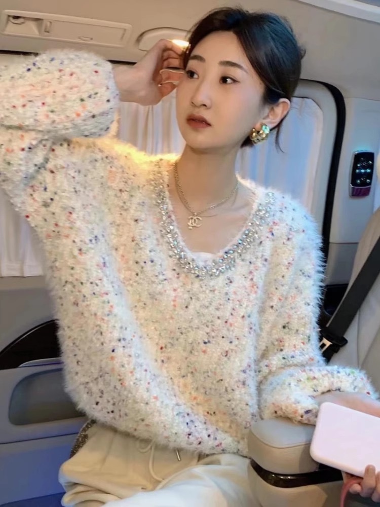 重工釘珠彩色波點拼接軟糯毛衣女針織毛衣慵懶風長袖上衣