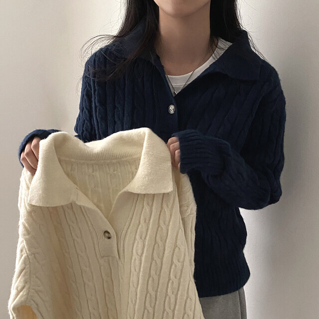 Korean chic lazy style autumn and winter retro twist polo collar versatile knitted sweater