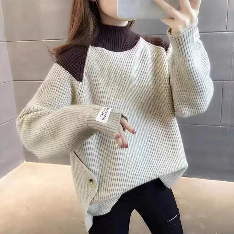 半高領女韓版拼接撞色毛衣寬鬆新款拼色紐扣打底衫女洋氣