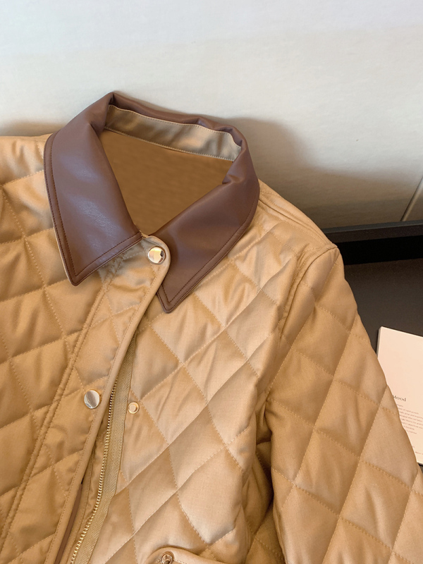 Khaki leather lapel rhombus cotton coat women's autumn and winter 2023 new temperament warm quilted loose cotton coat