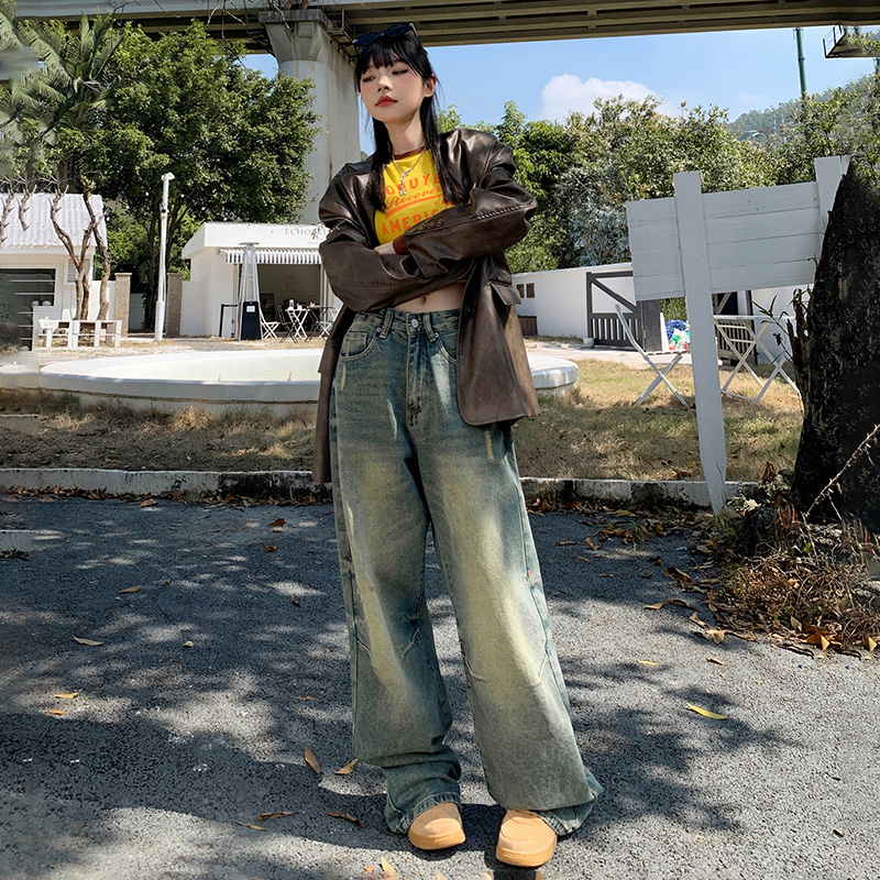 實拍美式復古做舊寬鬆闊腿褲高街百搭直筒褲牛仔褲女潮酷長褲加長