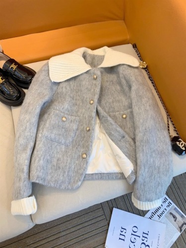 Xiaoxiangfeng fashion simple gray woolen jacket women's winter French retro high-end thickened cotton jacket