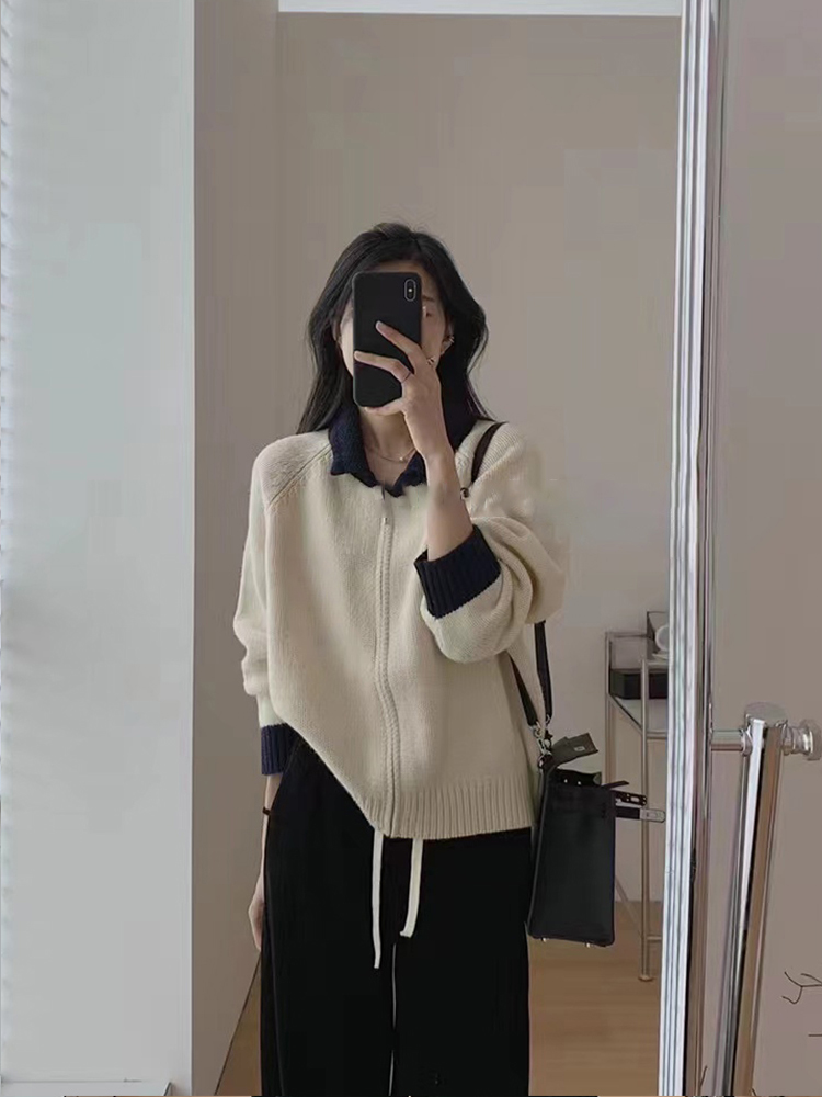 杏色翻領針織開衫女秋冬春秋季奶系穿搭日系慵懶復古拉鏈毛衣外套