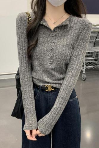 Photographed Autumn/Winter Korean Style Versatile Fitted Button Placket Slimming Warm Inner Layer T-shirt Women's Top