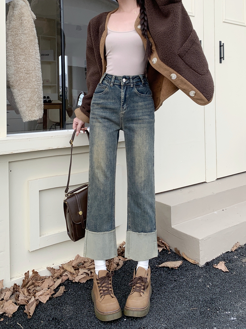 Actual shot #New high-waisted straight jeans for women with loose design and nine-point cigarette pipe pants