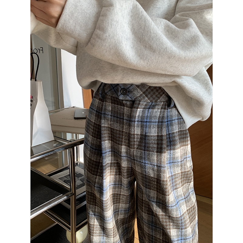 復古格子闊腿褲女秋冬設計感小眾寬鬆垂感港味chic高腰直筒休閒褲