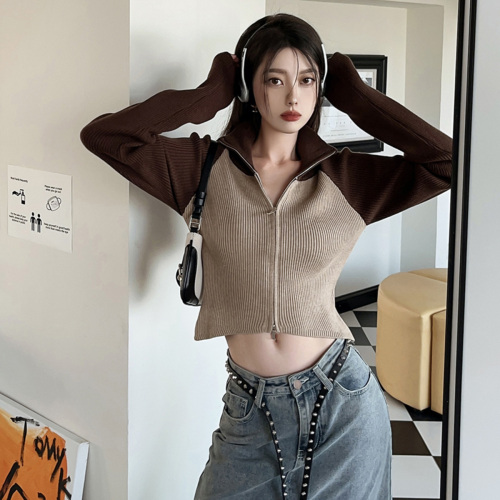 Quality Inspection Official Picture Double zipper color-blocked short stand-up collar sweater for women autumn slim long-sleeved knitted cardigan top