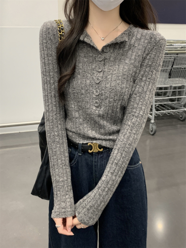 Photographed Autumn/Winter Korean Style Versatile Fitted Button Placket Slimming Warm Inner Layer T-shirt Women's Top