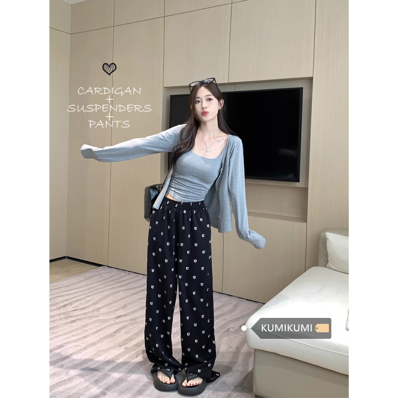 休閒直筒闊腿褲女春秋新款百搭印花寬鬆顯瘦拖地褲子