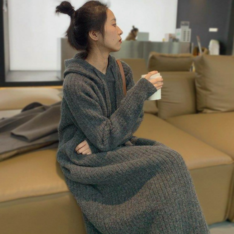 秋冬加厚連帽毛衣連衣裙直筒寬鬆長款外穿針織裙長裙休閒打底衫春