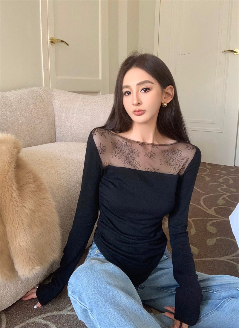實拍  復古氣質百搭顯瘦修身蕾絲拼接打底外穿T恤
