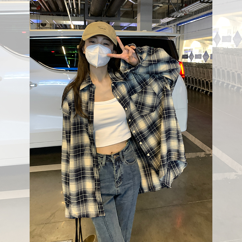 宋正恩港風復古格子襯衫女款春裝小個子襯衣外套休閒開衫上衣外搭