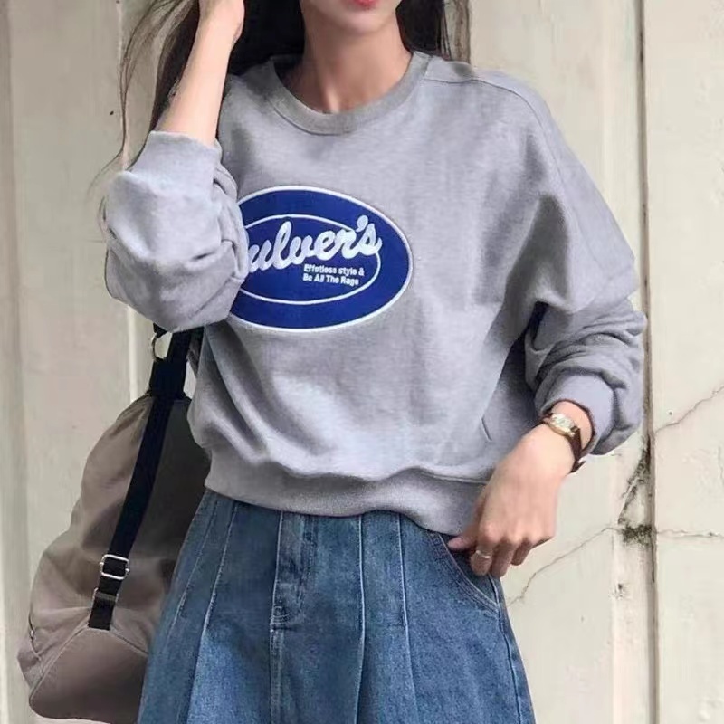 韓國chic秋季減齡復古小眾設計感氣質印花圓領套頭寬鬆衛衣女上衣