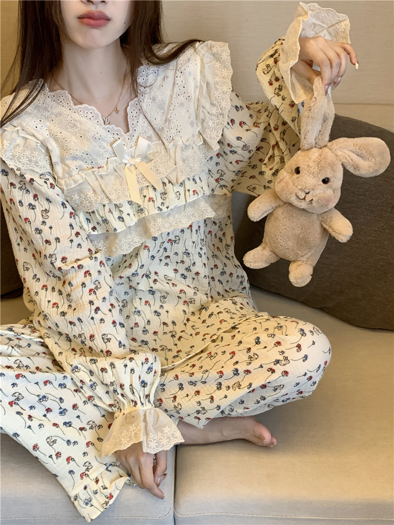 實拍韓版甜美蕾絲親膚軟棉雙紗秋季長袖長褲寬鬆家居服套裝