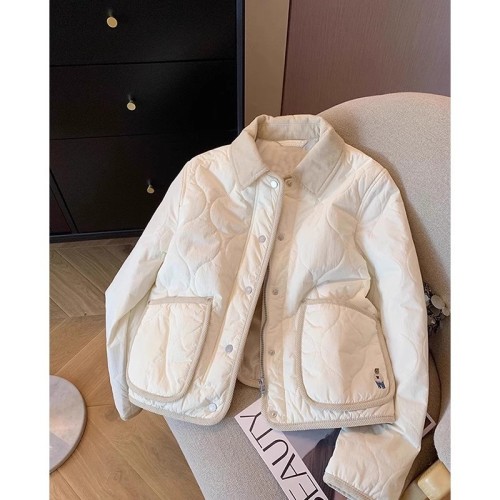 Bear rhombus cotton coat for women in autumn and winter, thin, Korean style, loose, college style, short, contrasting lapel coat, warm cotton coat