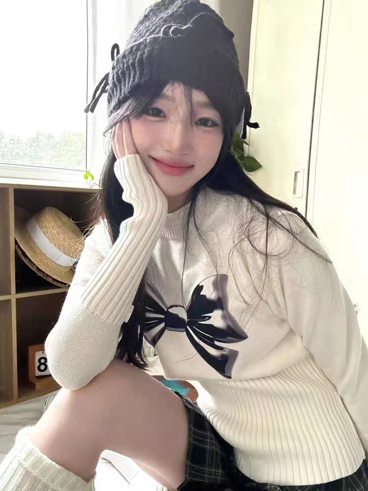 美式復古蝴蝶結印花親膚感毛衣女秋冬季辣妹修身顯瘦毛針織衫上衣