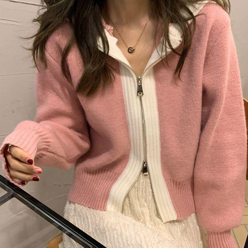 新款溫柔風設計感雙拉鏈撞色連帽毛針織衫女秋季洋氣短款外套