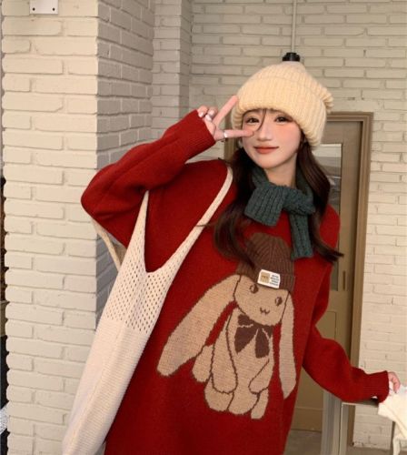 Zodiac year round neck pullover sweater for women  spring new mid-length thickened sweater loose lazy top