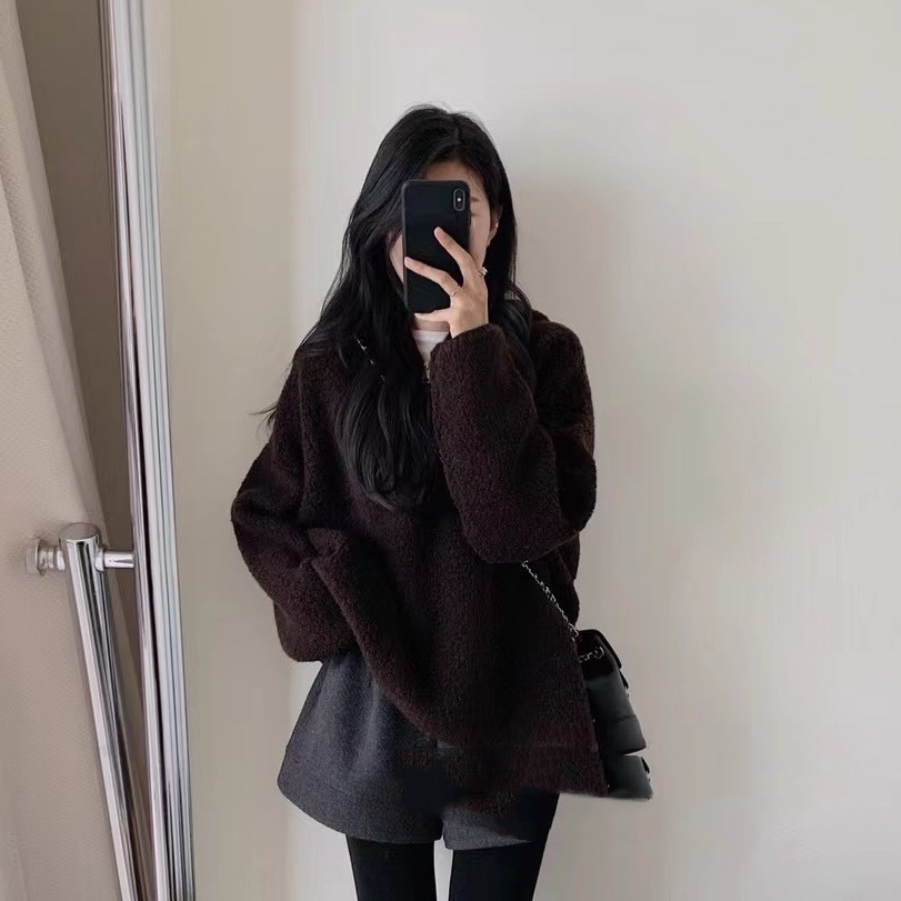 2023 new winter European women's pullover half-zip hoodie loose and versatile lamb wool sweater trend