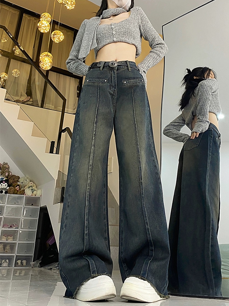 復古美式牛仔褲女秋冬新款韓版設計感寬鬆顯瘦高腰直筒闊腿拖地褲