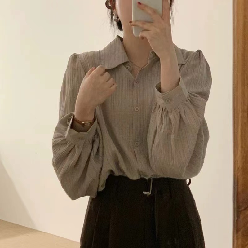 韓國chic 法式復古褶皺設計感小眾長袖襯衫女