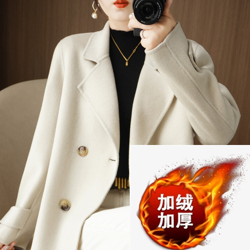 加絨加厚毛呢大衣女2023短款秋冬小個子寬鬆反季西裝領毛呢子外套