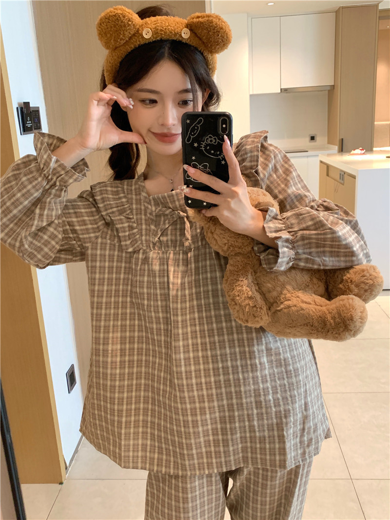 實拍韓版甜美寬鬆棉麻格紋寬鬆方領娃娃衫少女長袖長褲家居服