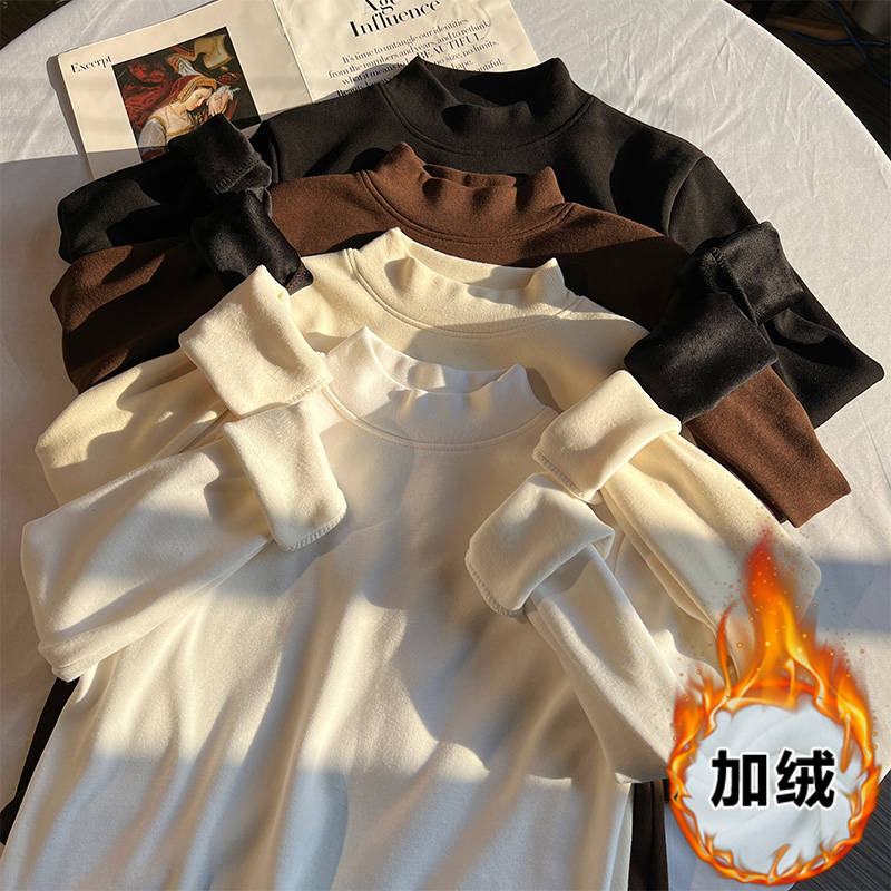 實拍複合絨半高領打底衫女秋冬純色百搭修身長袖t恤加厚上衣