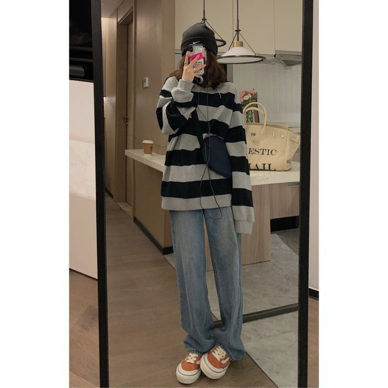 滌魚鱗薄款復古條紋衛衣女秋裝ins寬鬆長袖圓領