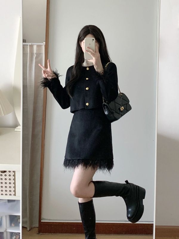 NEENJOJO 進口羊絨羊羔毛雙面呢鴕鳥毛套裝短款毛呢秋冬外套女