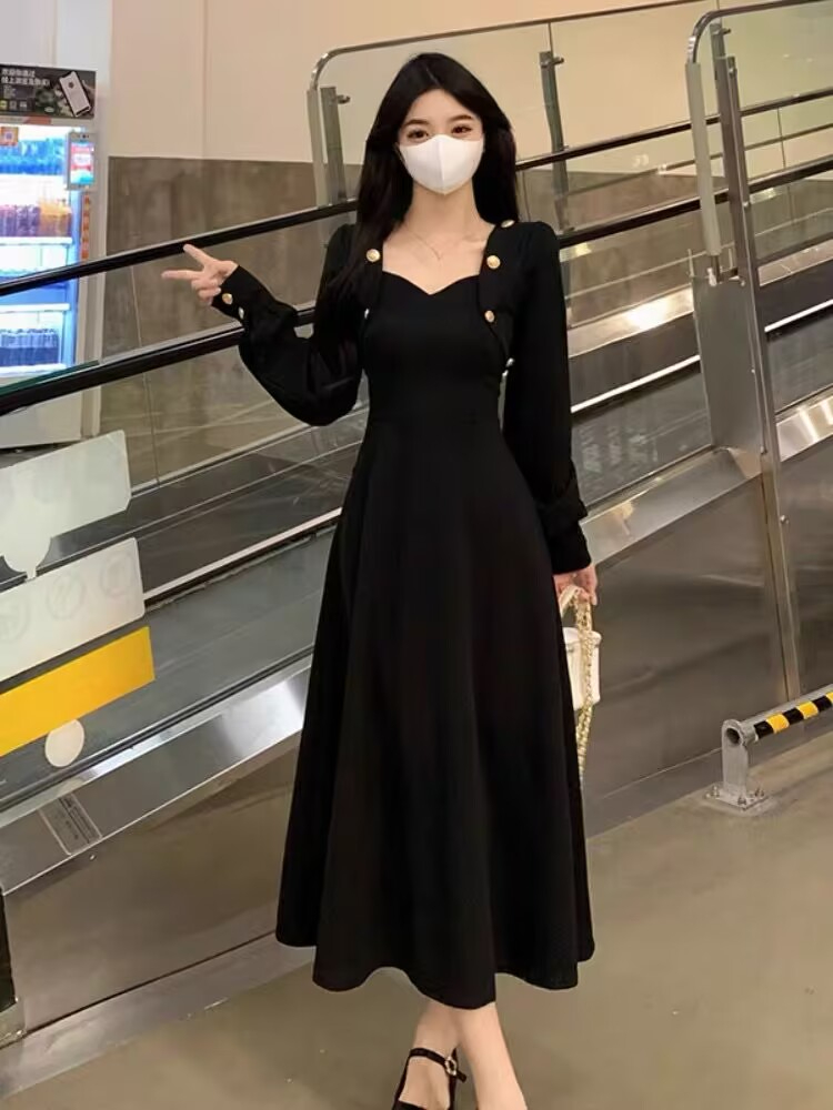 大碼女裝胖mm輕熟風高腰修身顯瘦黑色針織連衣裙春季時尚減齡裙子