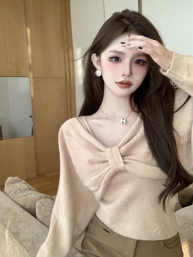 實拍 新款純欲風小眾設計感蝴蝶結套頭針織衫兩件套女短款毛衣