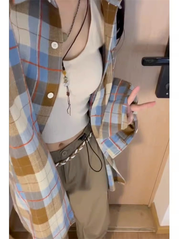 美式復古撞色格子襯衫女2024新款早春秋季慵懶風寬鬆長袖襯衣外套
