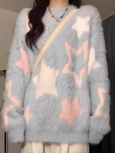 Waterproof Mink Fleece High-Quality Japanese Round Neck Soft and Fluffy Lazy Style Blue Knitted Sweater for Women Trendy