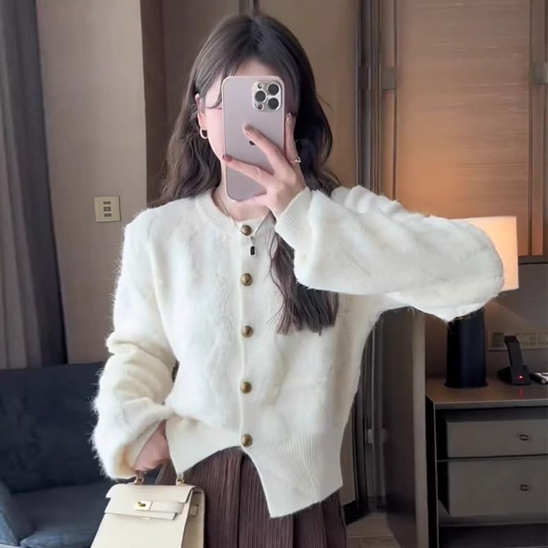 法式小個子香風紫色開衫毛衣外套女秋冬2023新款慵懶風針織衫上衣