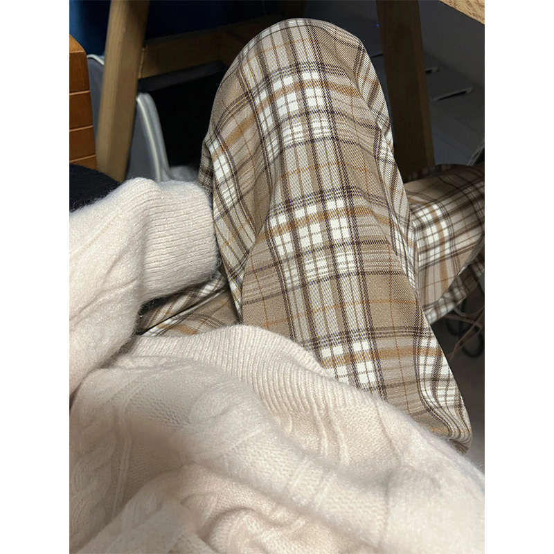 復古格子闊腿褲女秋冬設計感小眾寬鬆垂感港味chic高腰直筒休閒褲